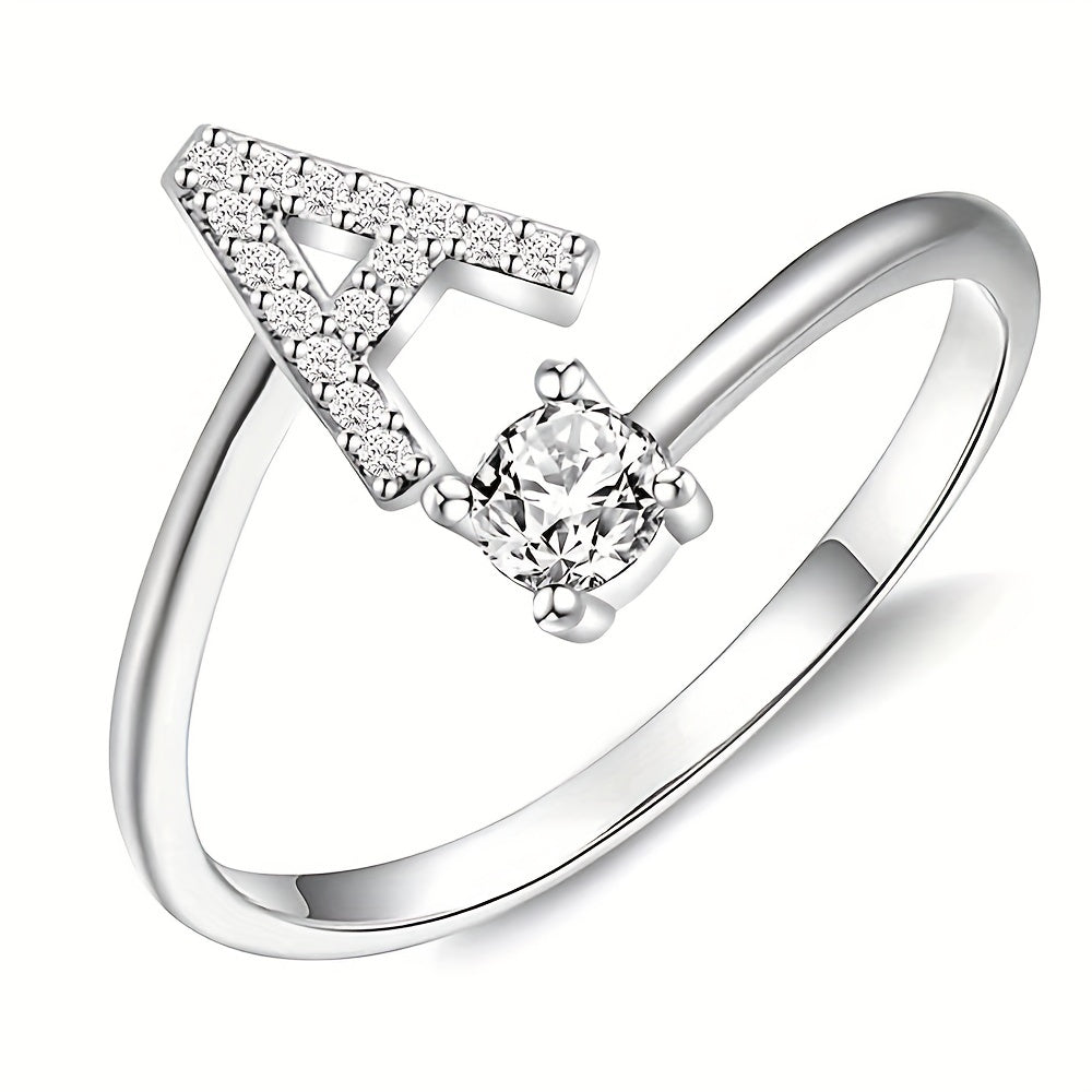 Dainty Letter Ring Silver Plated Inlaid Shining Zircon Adjustable Wrap Ring